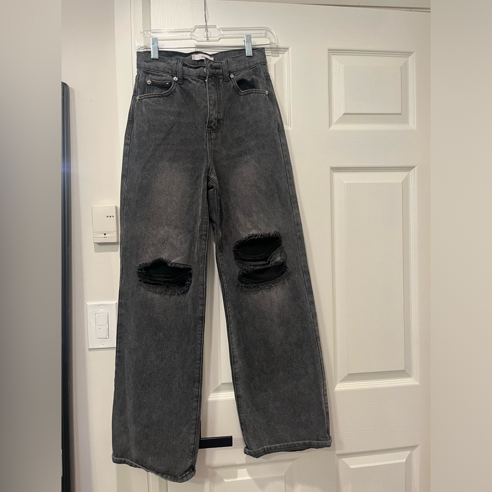 adika, black washed wide leg, ripped knee jeans